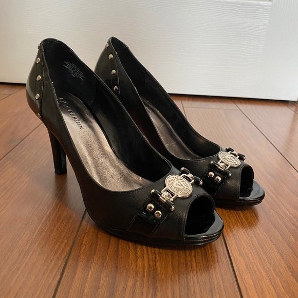 Anne Klein Shoes - Anne Klein Black Embellished Peep Toe Heels